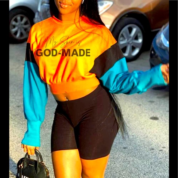 Mohair Pear Boutique Tops - “MY SKIN IS GOD MADE" Beautiful Spiritual  Multi-Color Long Sleeve Crop Shirt